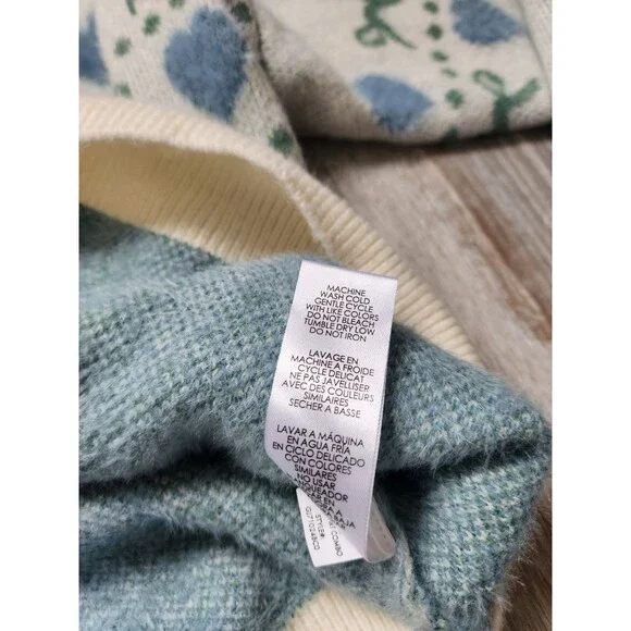 Girlish Heart Bow Cardigan Sweater Blue Cream Button Up Soft Knit Womens XL GUC - Picture 6 of 11